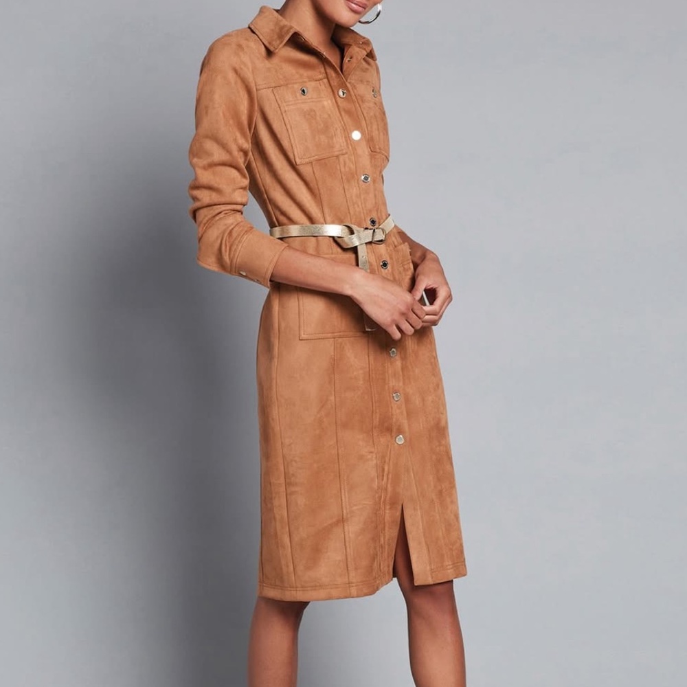 WHBM Faux Suede Shirt Dress Camel Doubles As Trench Coat Beautiful!
